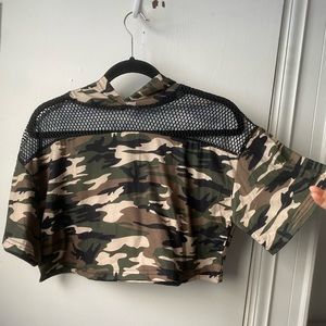 SHEIN camo print fishnet yoke trim crop hoodie.